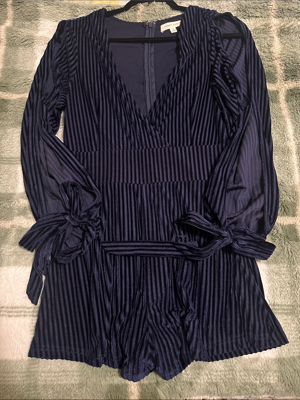 Honey Punch Navy Blue Velvet Striped Long Sleeve Romper